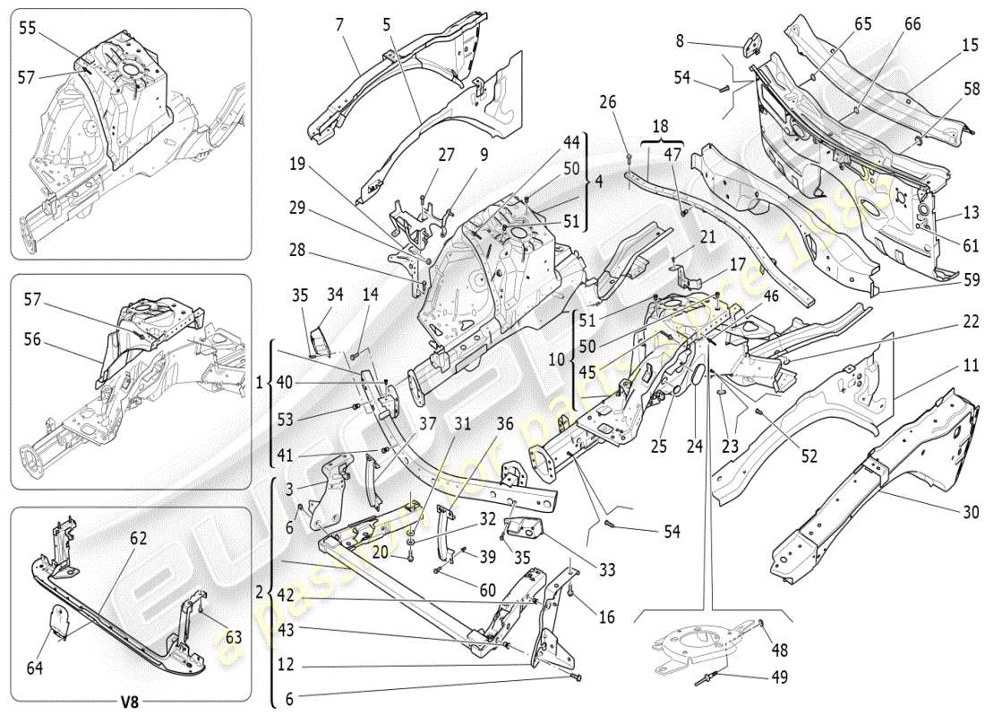 maserati ghibli (2021) diagrama de piezas de marcos estructurales frontales y paneles laminares