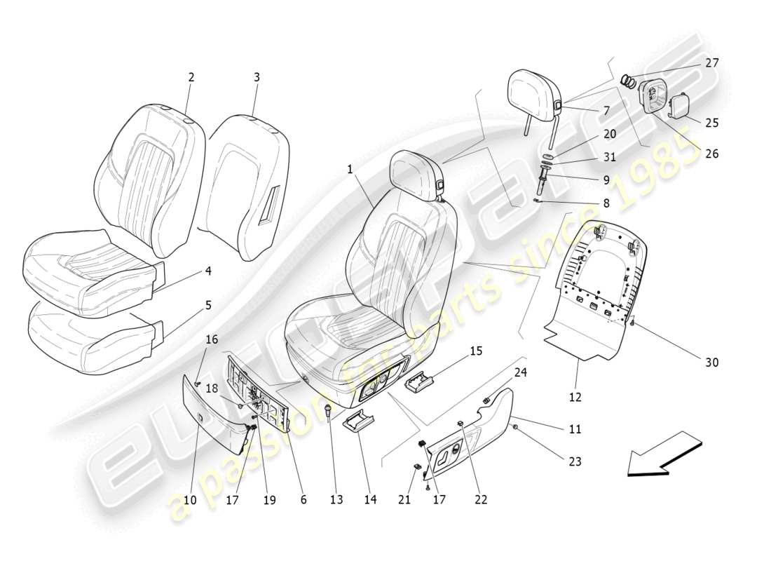 maserati quattroporte (2018) asientos delanteros: diagrama de piezas de los paneles tapizados