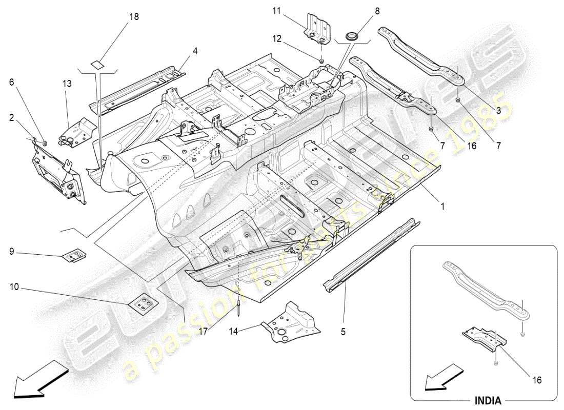 maserati ghibli (2021) diagrama de piezas de marcos estructurales centrales y paneles laminares