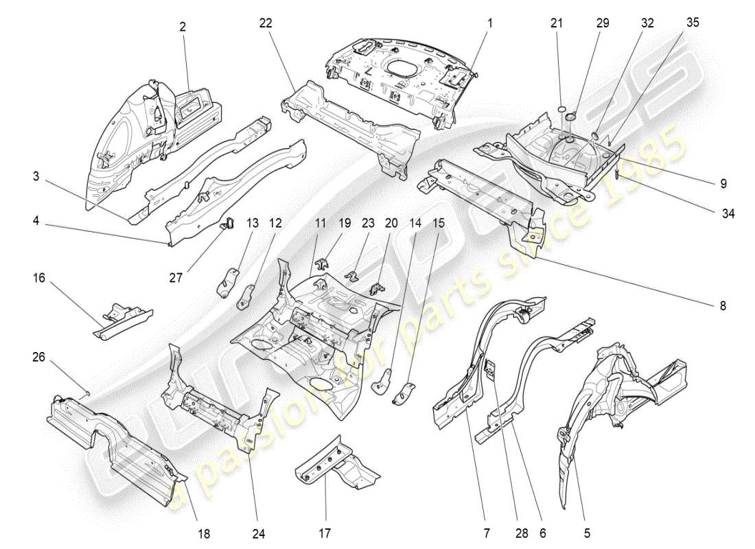 maserati ghibli (2021) diagrama de piezas de marcos estructurales traseros y paneles de chapa