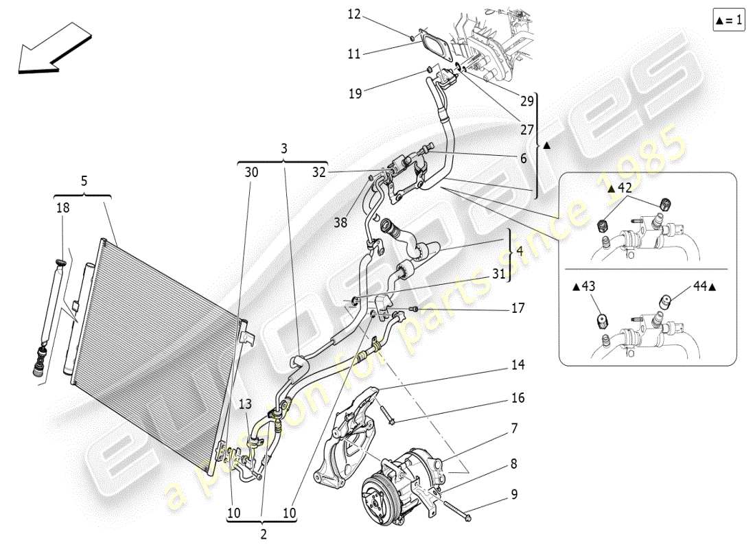 maserati ghibli (2021) unidad de a/c: dispositivos del compartimiento del motor diagrama de piezas