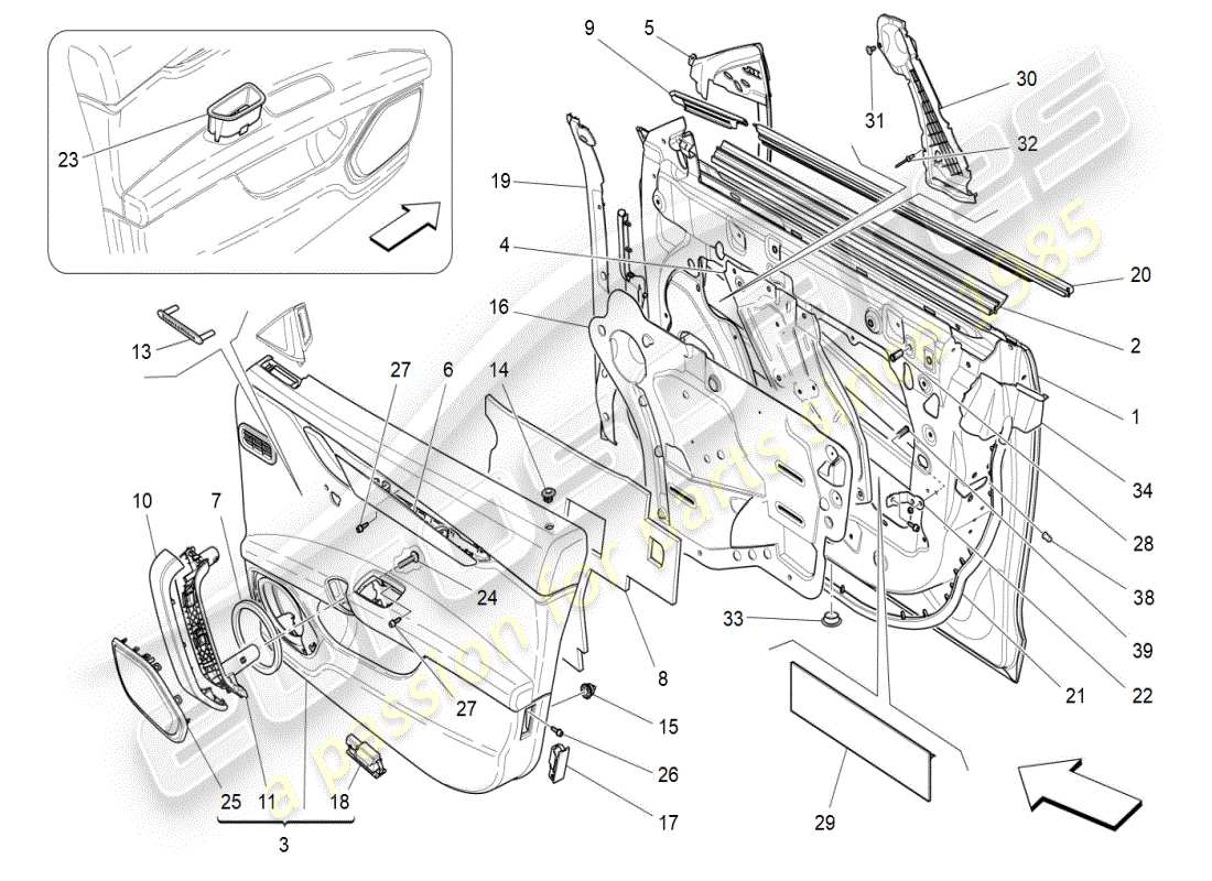 maserati ghibli (2020) puertas delanteras: paneles de acabado diagrama de piezas