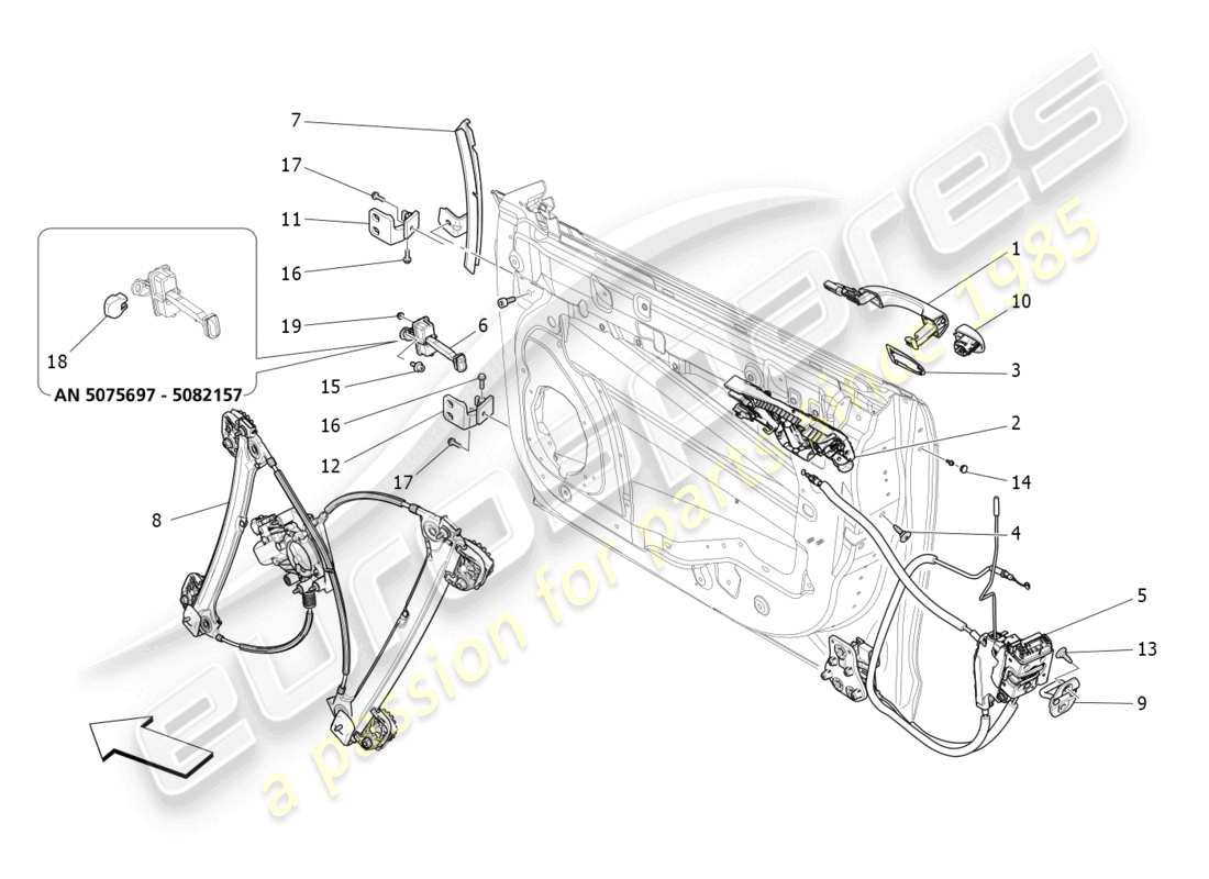 maserati ghibli (2018) puertas delanteras: diagrama de piezas de mecanismos