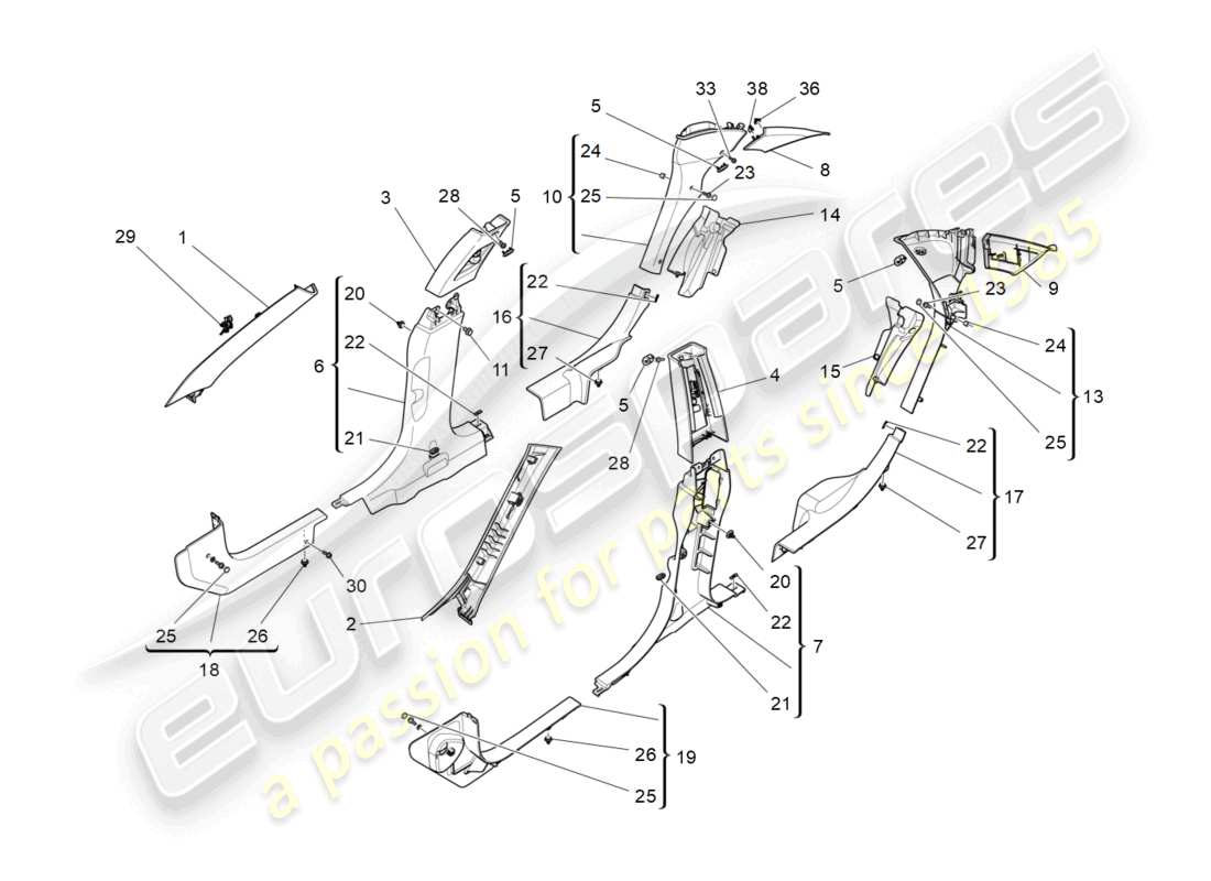maserati ghibli (2017) diagrama de piezas de paneles laterales y embellecedores del pilar b del compartimento de pasajeros