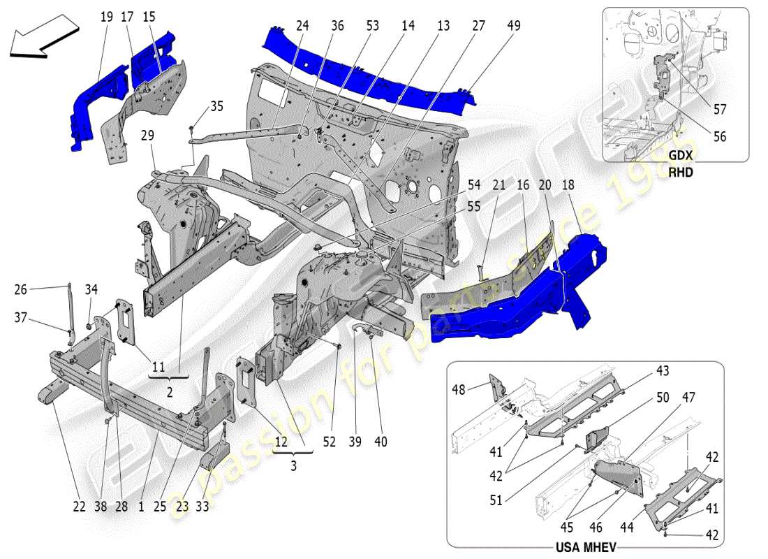 maserati grecale modena (2023) diagrama de piezas de marcos estructurales frontales y paneles laminares