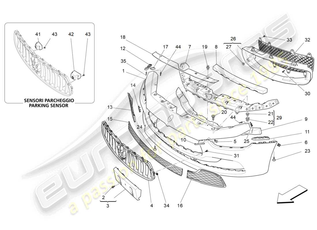 maserati ghibli (2017) diagrama de piezas del parachoques delantero