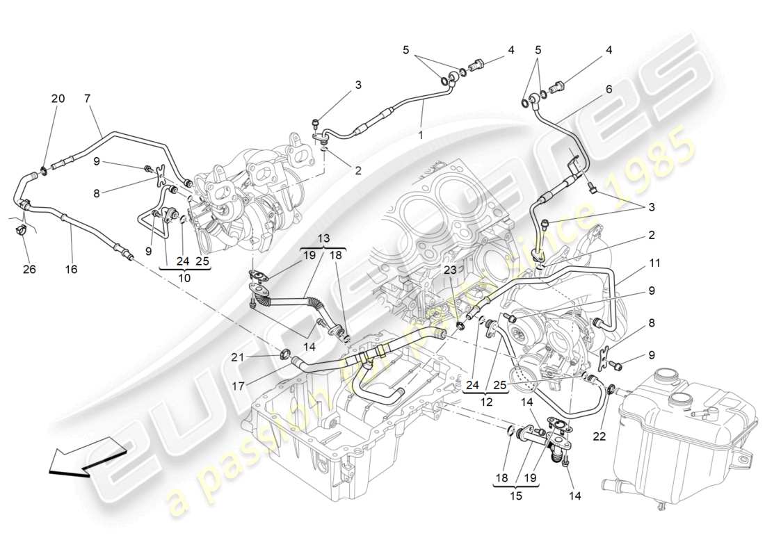 maserati ghibli (2014) sistema de turbocargación: lubricación y enfriamiento diagrama de piezas
