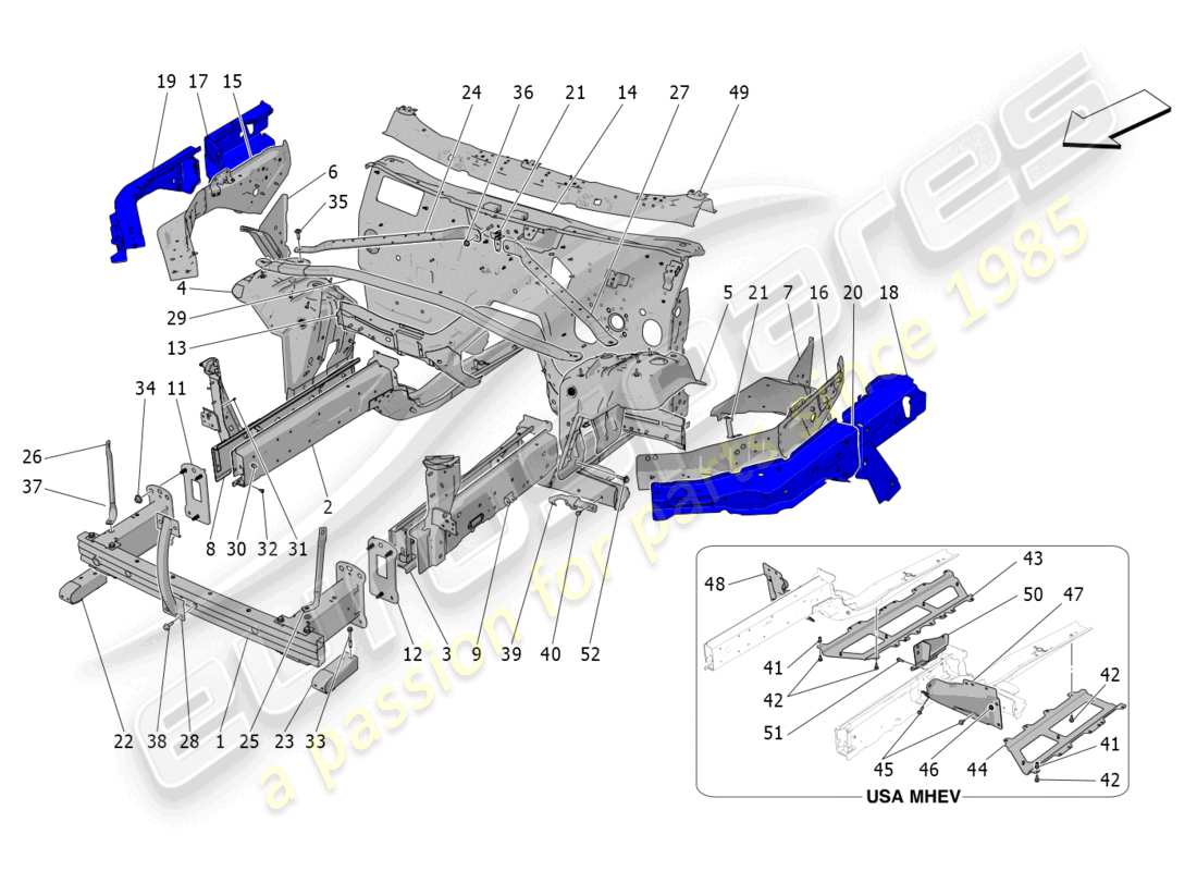 maserati grecale trofeo (2023) diagrama de piezas de marcos estructurales frontales y paneles laminares
