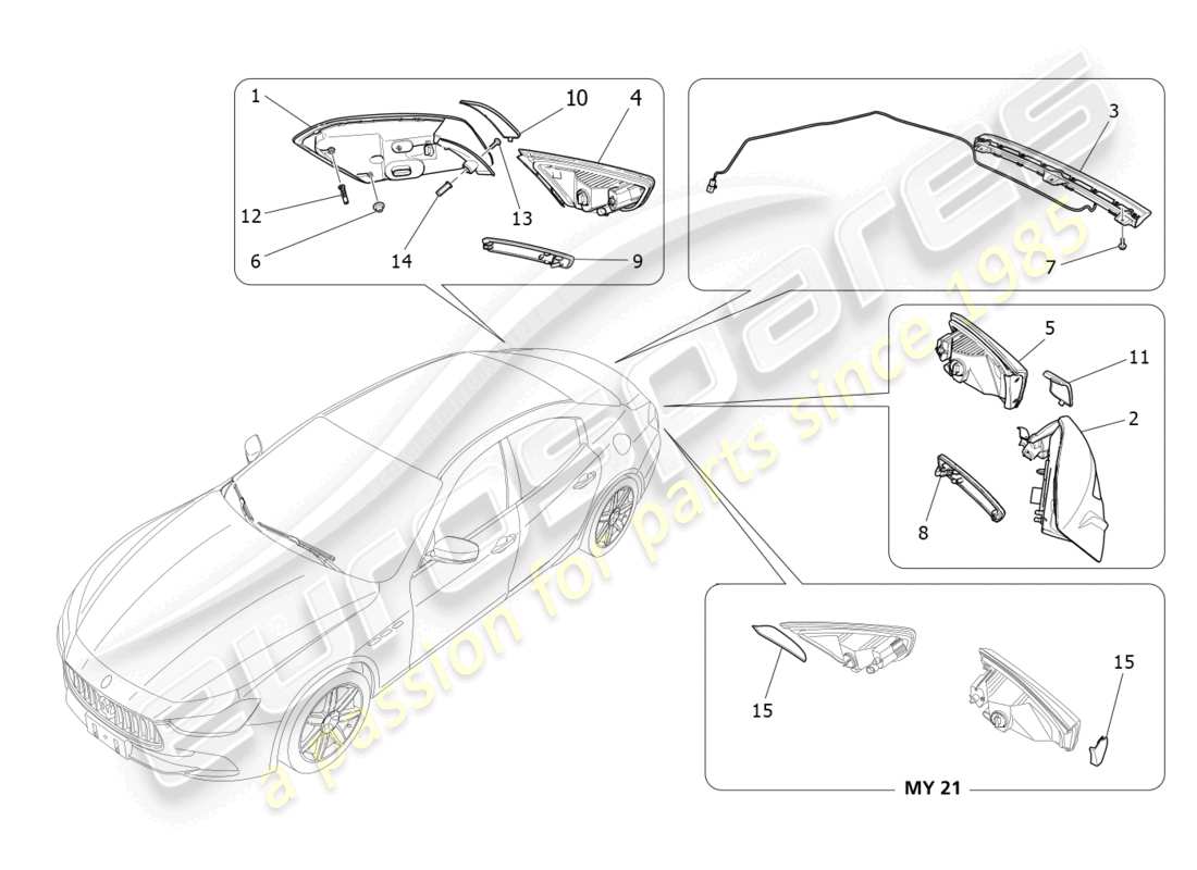 maserati ghibli (2014) diagrama de piezas de los grupos de luces traseras