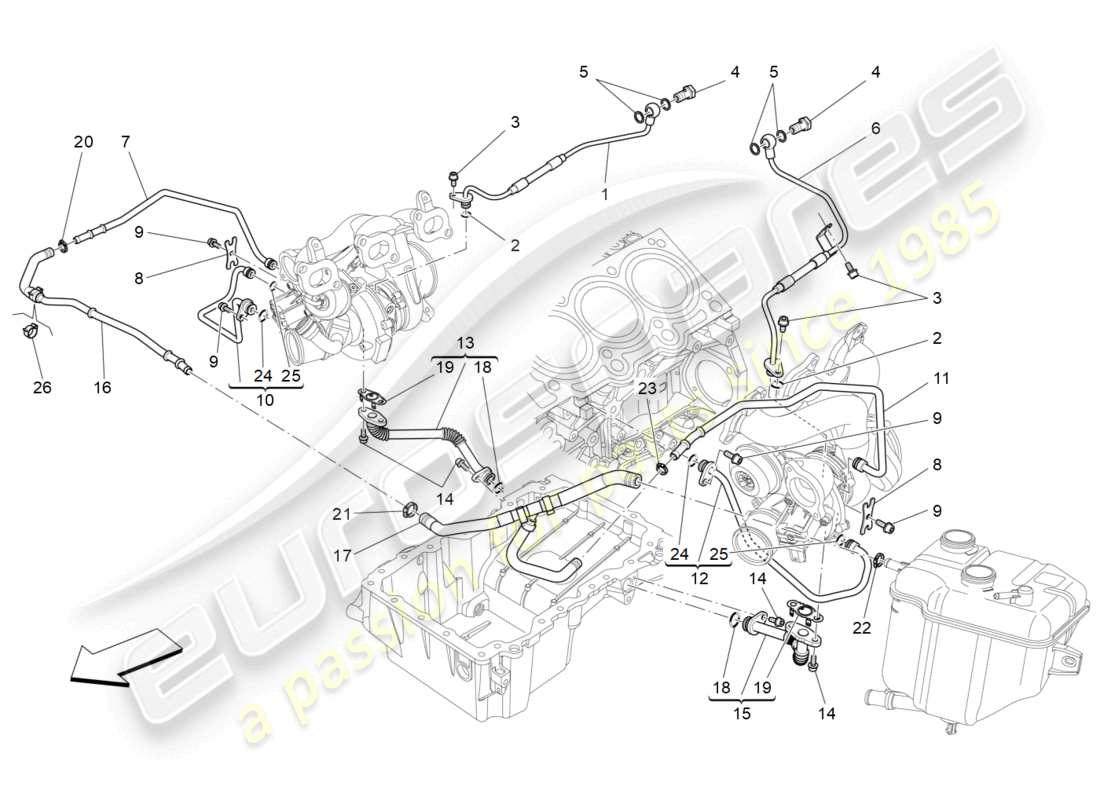 maserati ghibli (2017) sistema de turbocargación: lubricación y enfriamiento diagrama de piezas