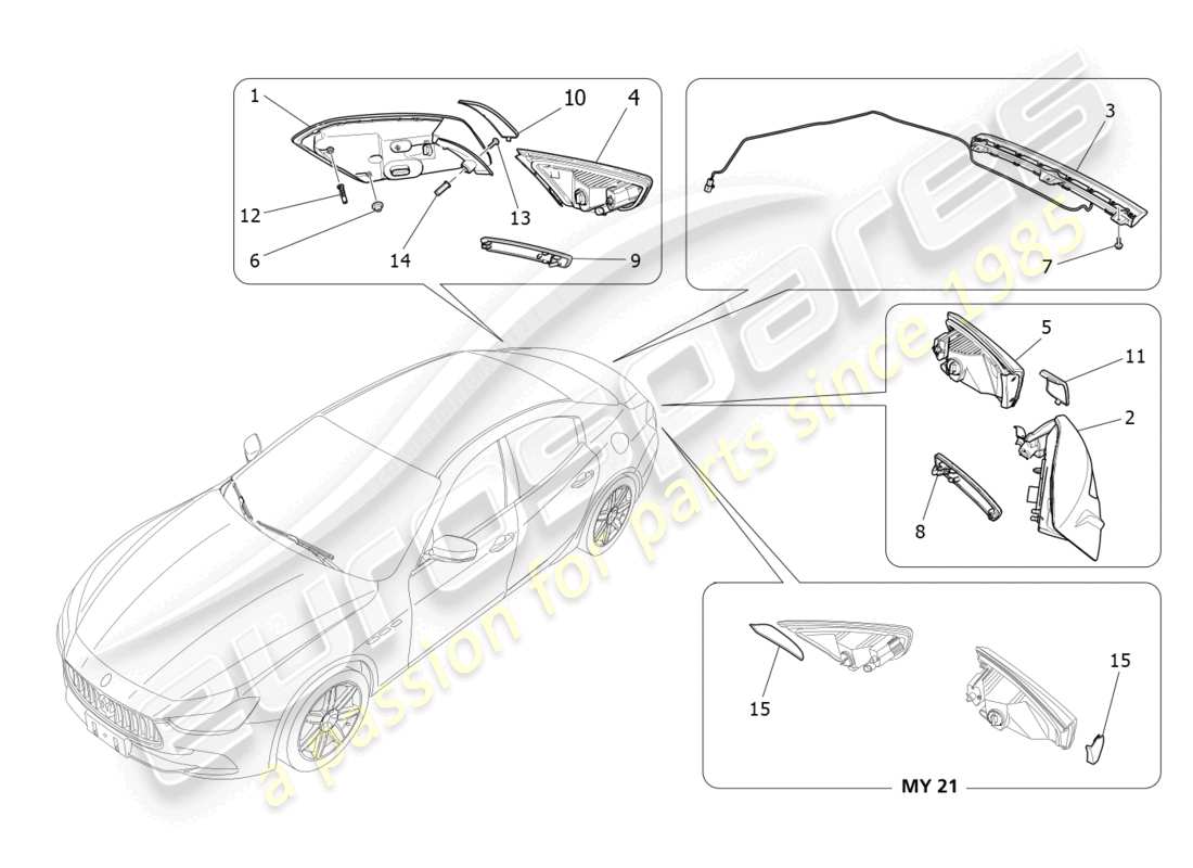 maserati ghibli (2017) diagrama de piezas de los grupos de luces traseras
