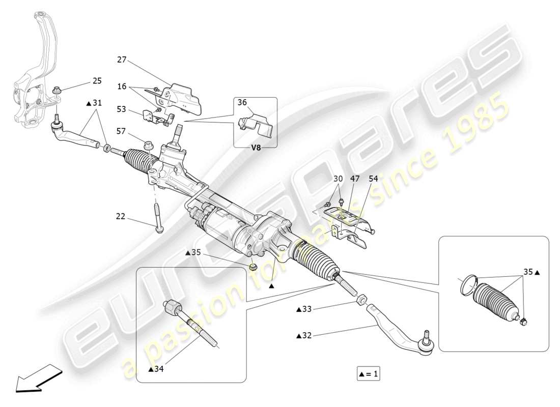 maserati ghibli fragment (2022) diagrama de pieza de la unidad de cremallera de dirección completa