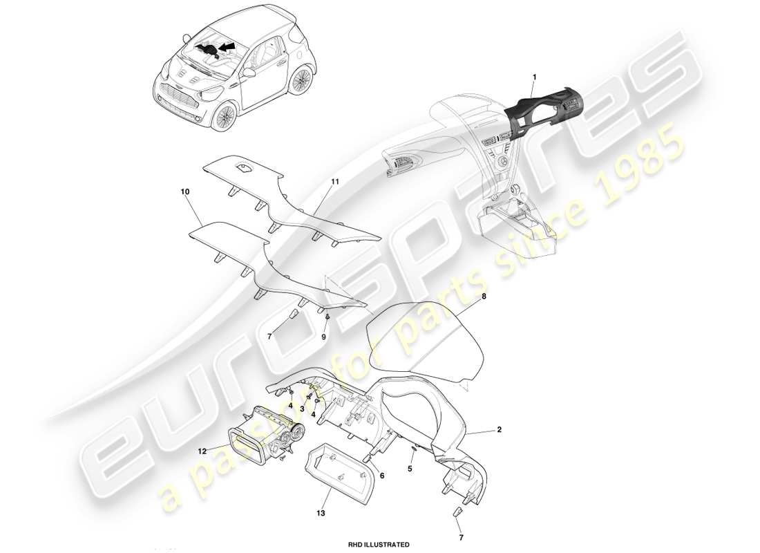aston martin cygnet (2012) diagrama de piezas del capó del panel de instrumentos ip