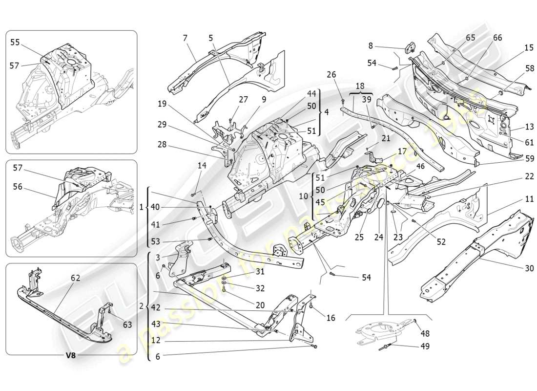 maserati ghibli fragment (2022) diagrama de piezas de marcos estructurales frontales y paneles laminares