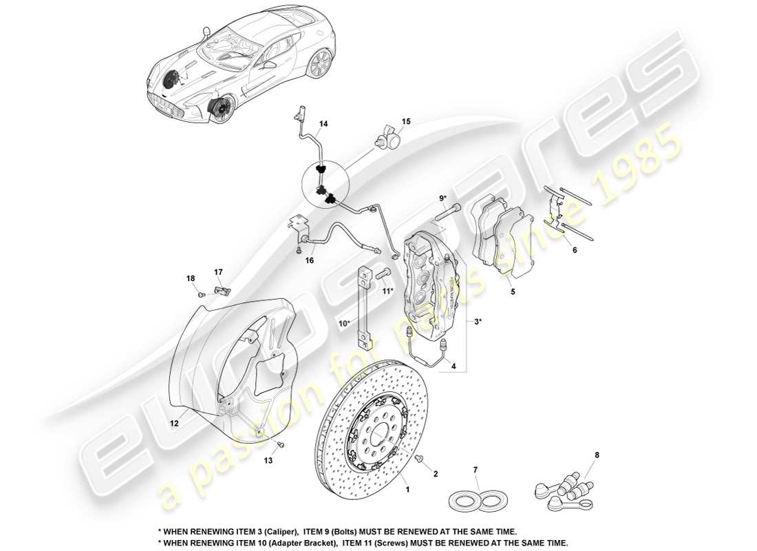aston martin one-77 (2011) diagrama de piezas del sistema de freno delantero