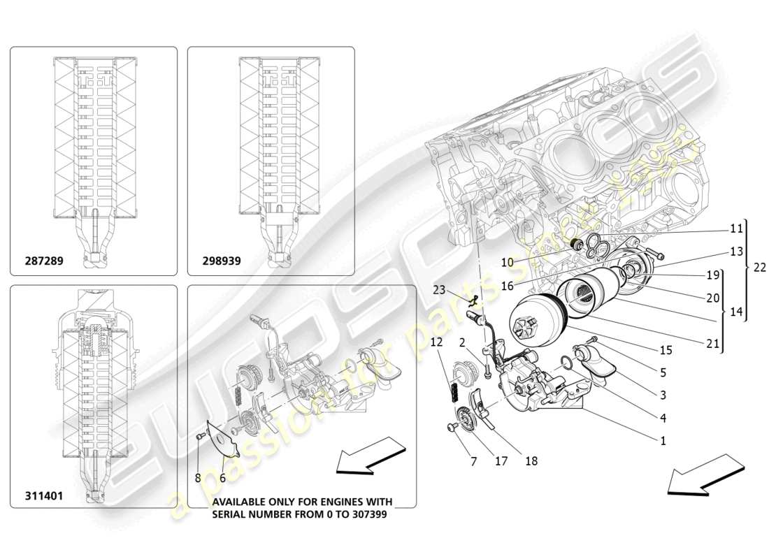 maserati ghibli (2017) sistema de lubricación: diagrama de piezas de bomba y filtro