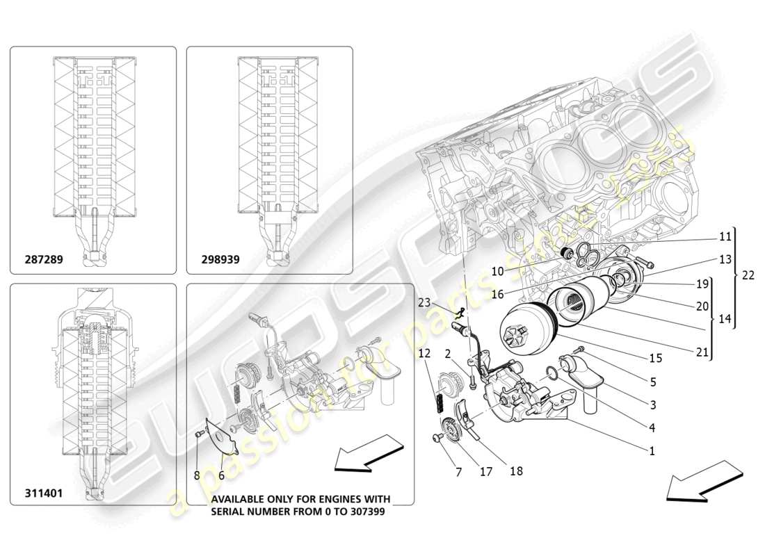 maserati ghibli (2014) sistema de lubricación: diagrama de piezas de bomba y filtro