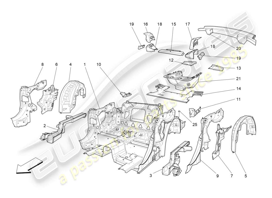 maserati grancabrio mc (2013) diagrama de piezas de marcos estructurales traseros y paneles de chapa