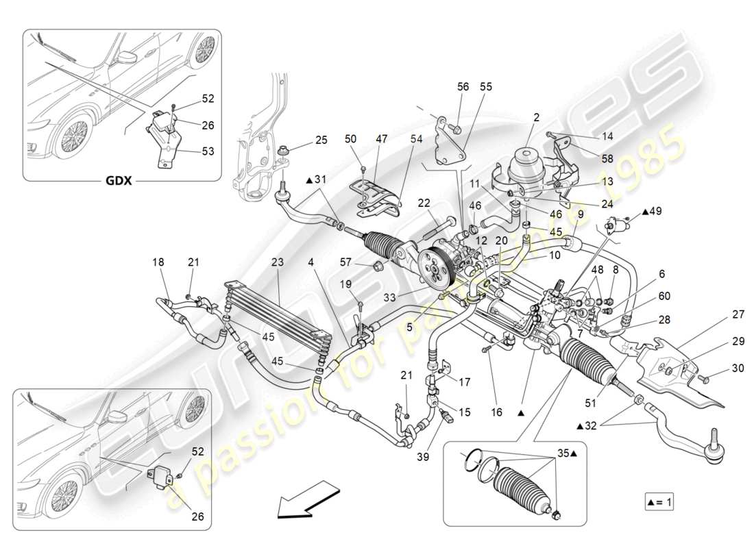 maserati levante (2017) unidad completa de cremallera de dirección diagrama de piezas