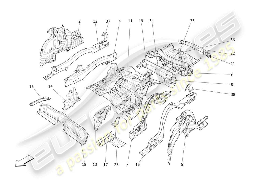 maserati levante modena s (2022) diagrama de piezas de marcos estructurales traseros y paneles de chapa