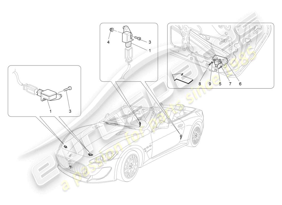 maserati grancabrio mc (2013) diagrama de piezas de los sensores de colisión