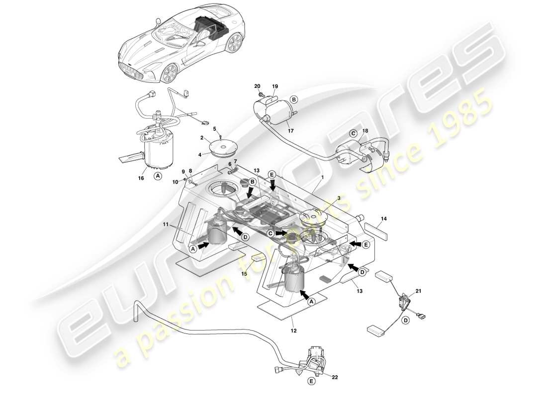 aston martin one-77 (2011) conjunto del tanque de combustible diagrama de piezas