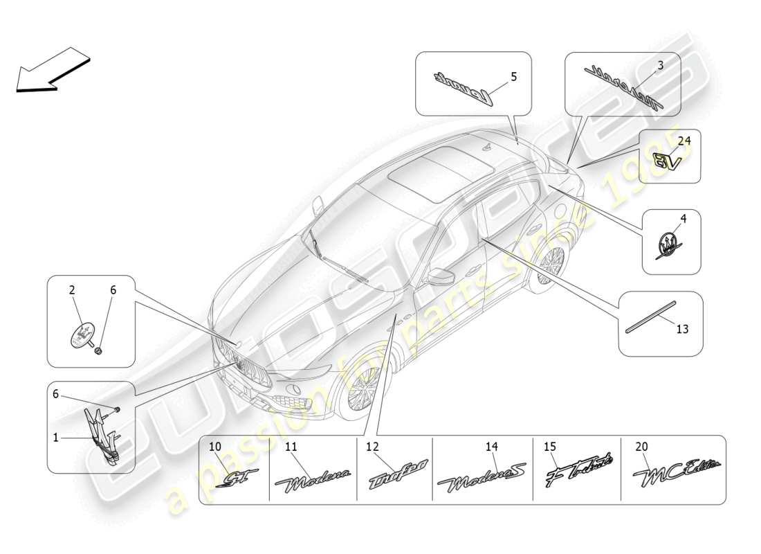 maserati levante gt (2022) diagrama de piezas de adornos, marcas y símbolos