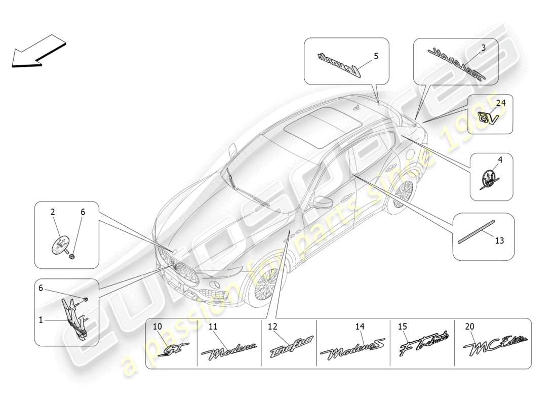 maserati levante gt (2022) diagrama de piezas de adornos, marcas y símbolos