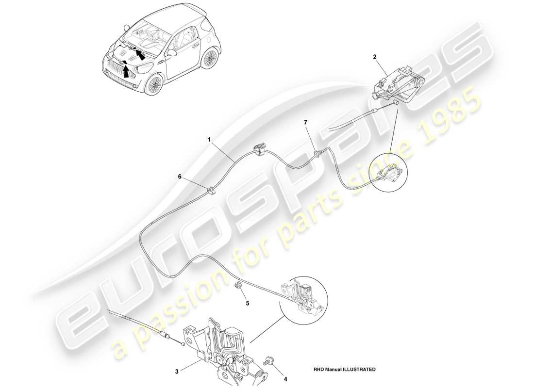 aston martin cygnet (2012) diagrama de piezas de accionamiento y pestillo del capó