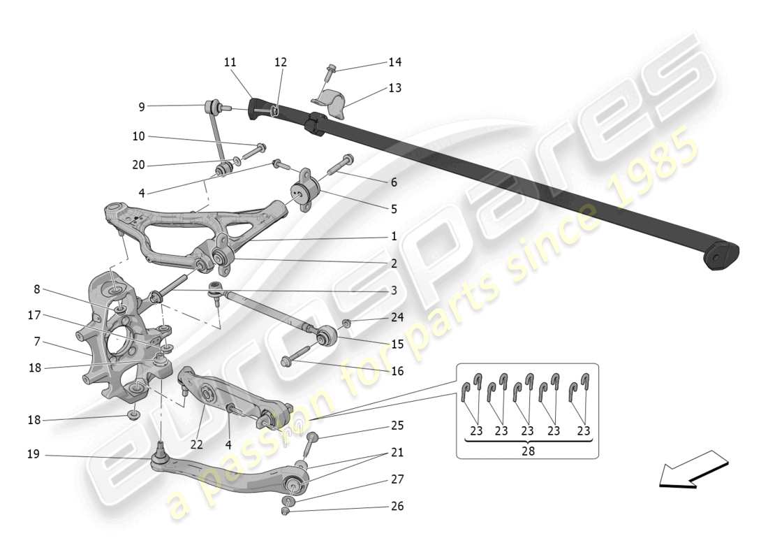 maserati mc20 (2023) diagrama de piezas de la suspensión trasera