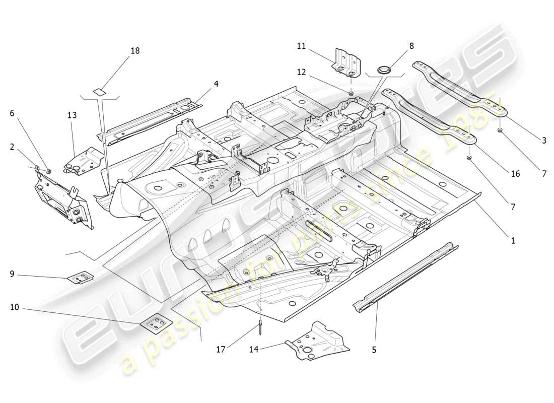 maserati ghibli fragment (2022) diagrama de piezas de marcos estructurales centrales y paneles laminares