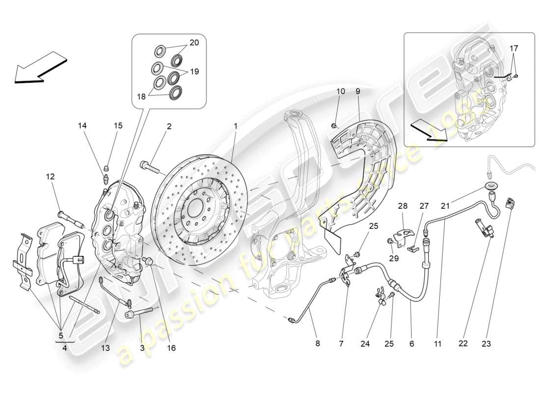 maserati levante (2017) dispositivos de frenado en las ruedas delanteras diagrama de piezas