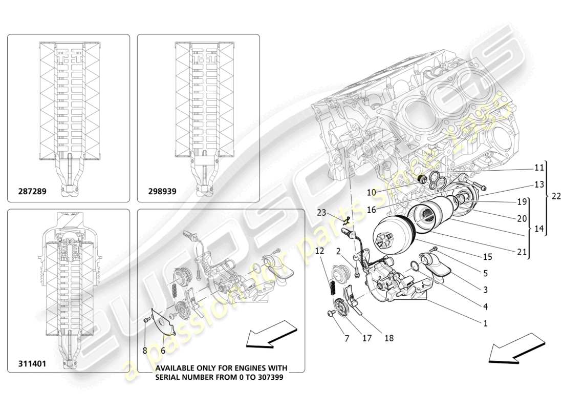 maserati ghibli (2018) sistema de lubricación: diagrama de piezas de bomba y filtro