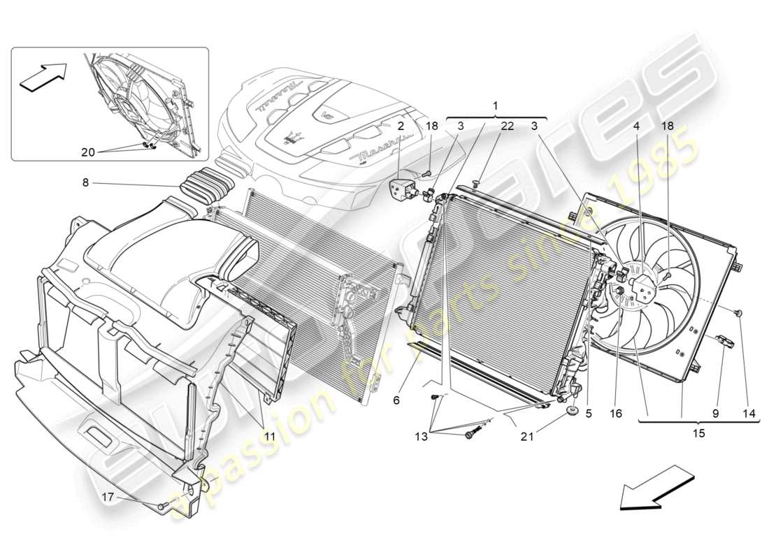 maserati quattroporte (2018) enfriamiento: diagrama de piezas de conductos y radiadores de aire