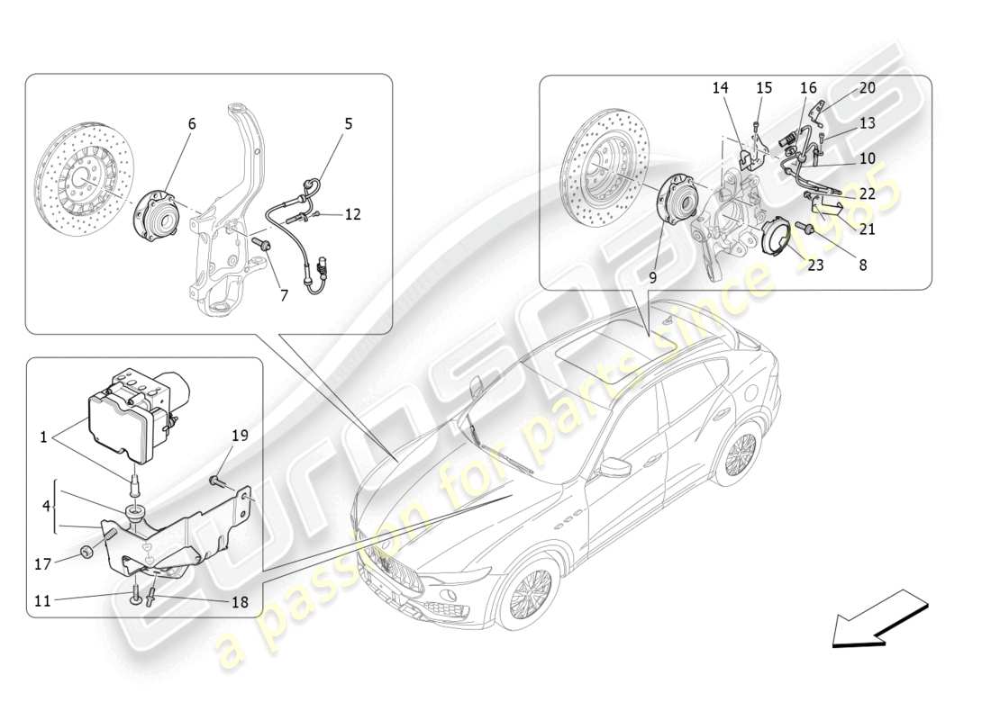 maserati levante modena (2022) diagrama de piezas de los sistemas de control de frenado