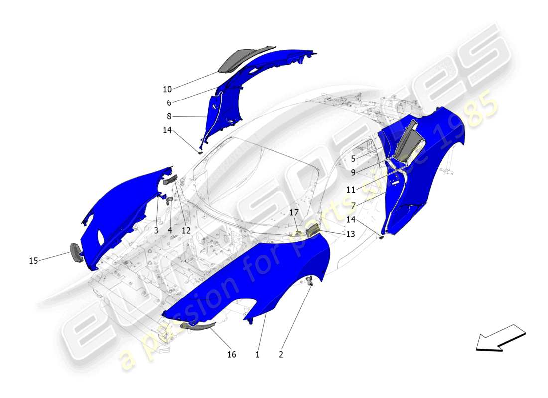 maserati mc20 (2022) cubierta externa diagrama de piezas