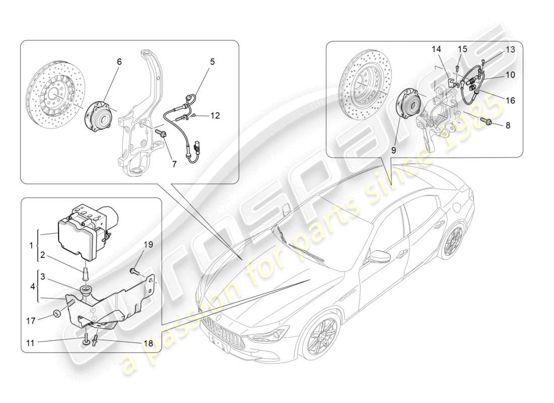 maserati ghibli (2014) diagrama de piezas de los sistemas de control de frenado