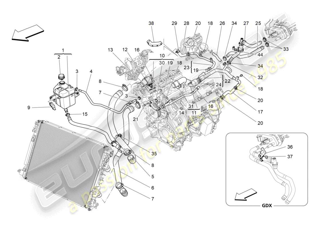 maserati ghibli (2018) sistema de refrigeración: diagrama de piezas de nourice y líneas