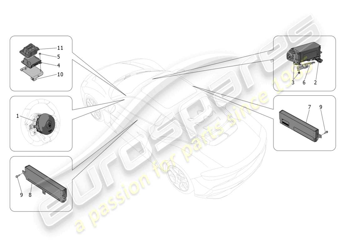 maserati mc20 (2022) diagrama de piezas del sistema de airbag
