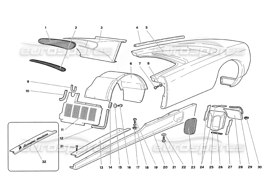 lamborghini diablo sv (1999) elementos de la carrocería: flanco izquierdo diagrama de piezas