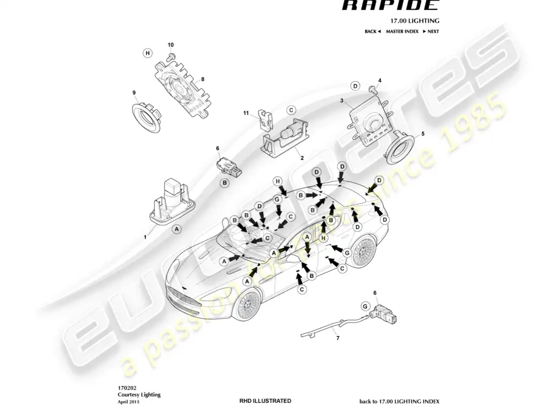 aston martin rapide (2012) iluminación de cortesía diagrama de piezas