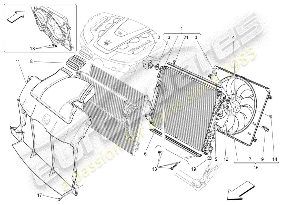 maserati ghibli (2021) enfriamiento: diagrama de piezas de conductos y radiadores de aire