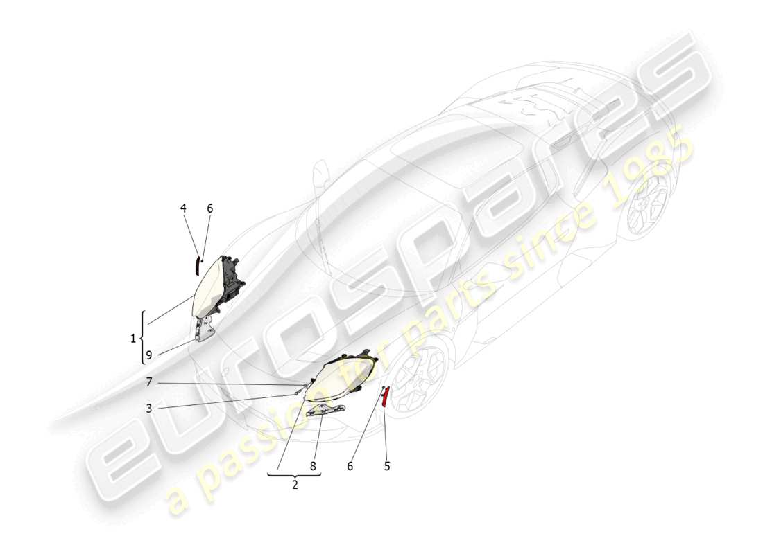 maserati mc20 (2022) diagrama de piezas de los grupos de faros