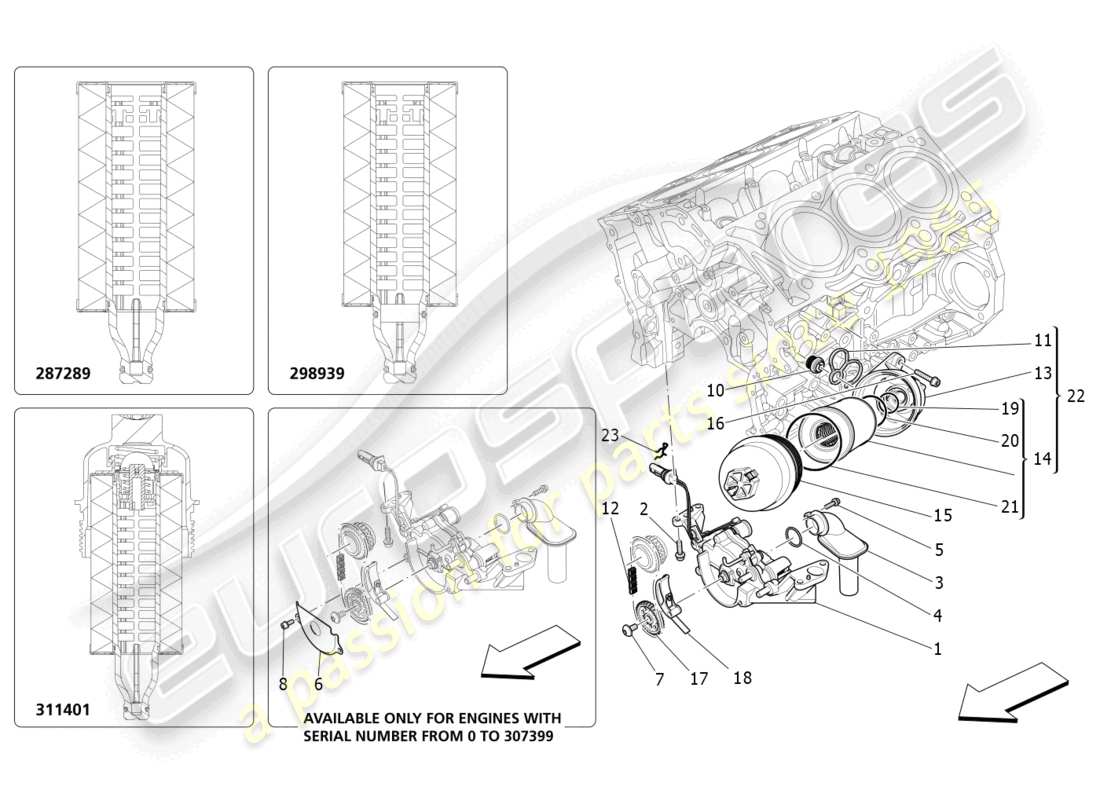 maserati ghibli (2018) sistema de lubricación: diagrama de piezas de bomba y filtro