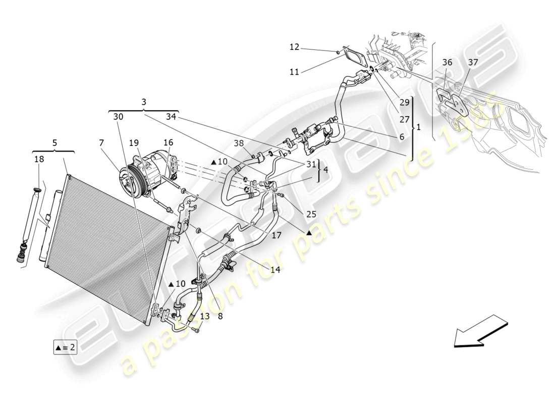 maserati levante gt (2022) unidad de a/c: dispositivos del compartimiento del motor diagrama de piezas