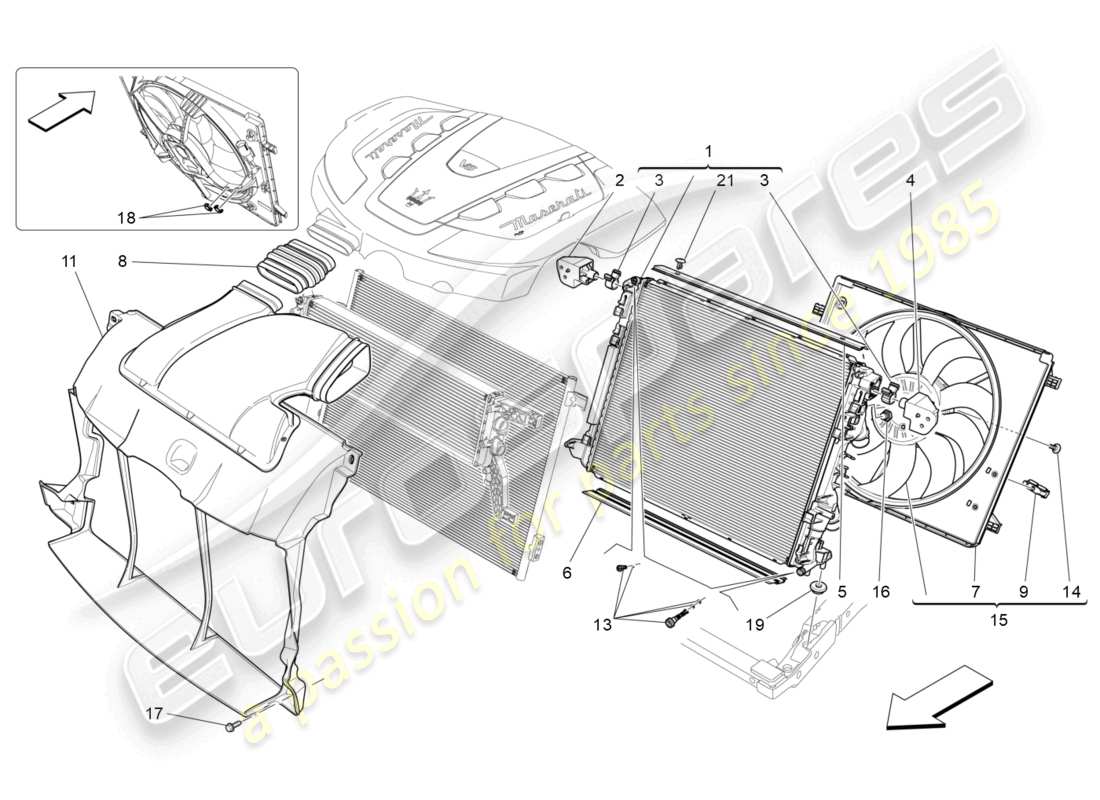 maserati ghibli (2018) enfriamiento: diagrama de piezas de conductos y radiadores de aire