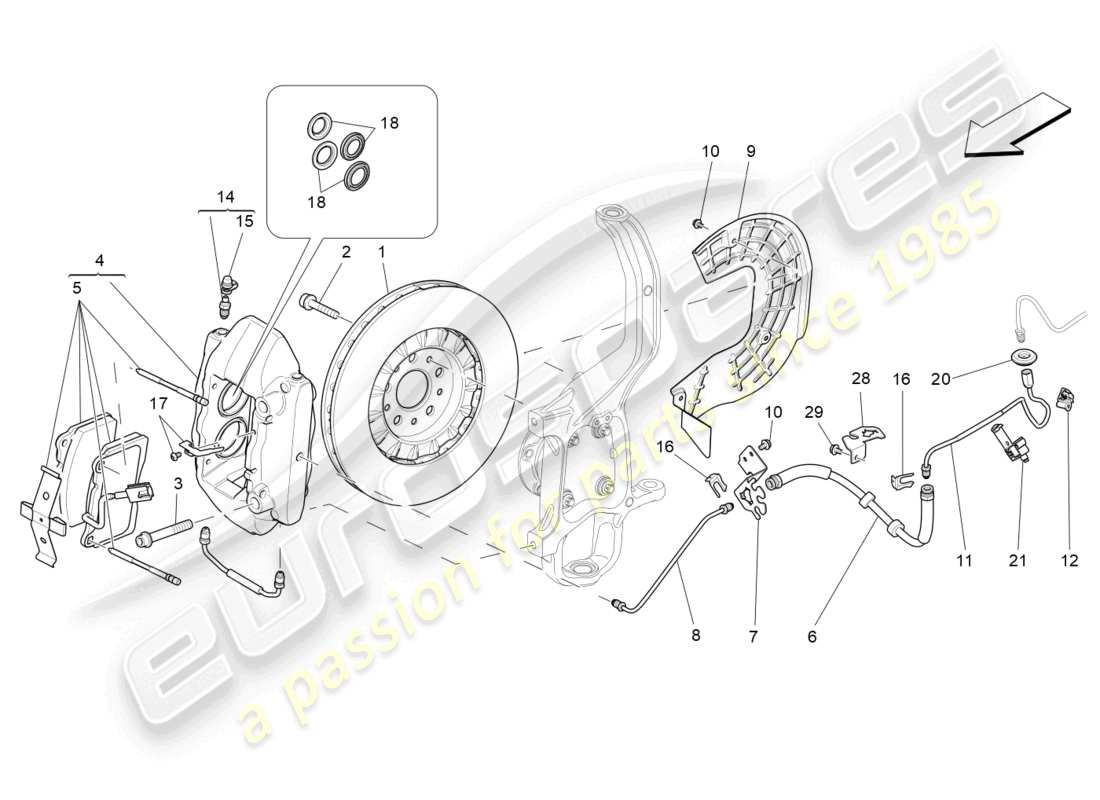 maserati ghibli (2014) diagrama de piezas de los dispositivos de frenado en las ruedas delanteras