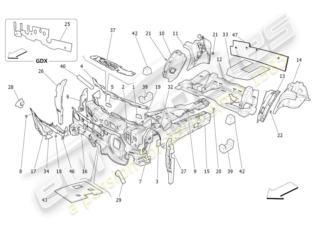 maserati ghibli (2015) paneles insonorizadores en el interior del vehículo diagrama de piezas
