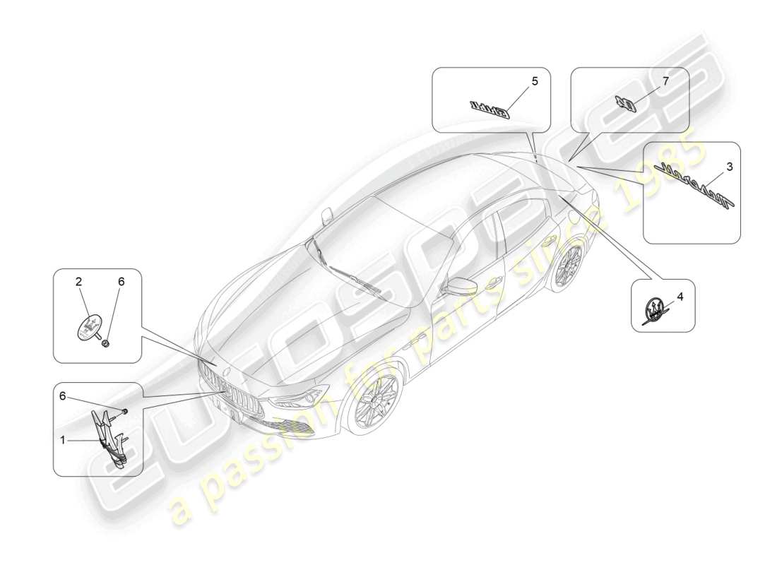 maserati ghibli (2016) diagrama de piezas de adornos, marcas y símbolos