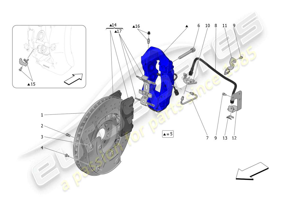 maserati mc20 (2023) diagrama de piezas de los dispositivos de frenado en las ruedas delanteras